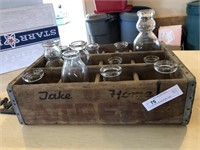 12 Glass Milk Bottles with Wooden Carrier