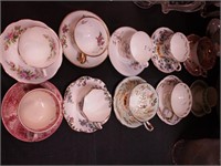 10 vintage cups and saucers, mostly