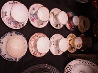 10 decorative china cups and saucers, mostly