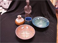 Four pottery items: a handmade Southwestern style