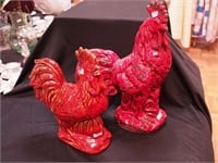 Two pottery home decor roosters,