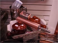 Kitchen items: copper rolling pin, two lidded