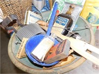 Wood bowl, graniteware pan, sheep shears