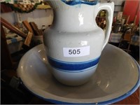 Blue & white stoneware pitcher & bowl, yarn