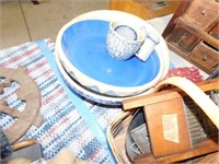 Crock bowl & pie plate, baskets with utensil