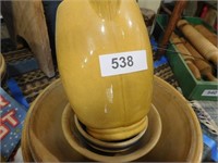 Yellow ware pitcher, 4 yellow ware bowls