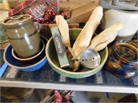 Green crock bowl, blue crock bowl, brown crock