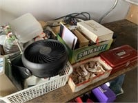 Cookbooks, small tool box, fan, jars, misc