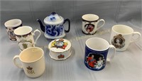 Lot of Royal cups, box and teapot strainer, Lot