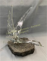 Crystal goose on stone base, signed L'88, 14 x 15
