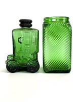 (2) Green Glass Jars 7" and 7.25”