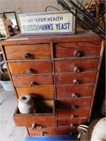 Fleischmann's yeast tin, 16 drawer wood cabinet +