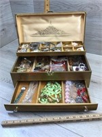 BROWN JEWLERY BOX WITH DRAWER AND COSTUME JEWELRY