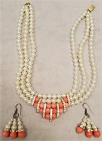 L - PINK & FAUX PEARL NECKLACE & EARRING SET