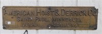 Large American Hoist & Derrick Co. Brass Plate