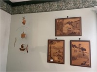 (3) Inlaid Wooden Wall Plaques + Wooden Ship