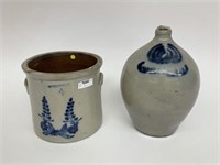 Blue Decorated Stoneware Crock and Jug