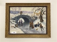 Oil on Board Painting of Ice Skaters