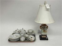 Tray Lot of Japanese Dishes and Table Lamp