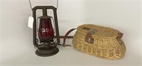 Fishing Creel and Lantern w/ Red Globe