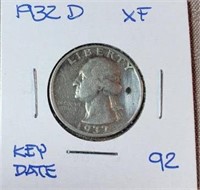1932D Washington Silver Quarter KEY DATE XF