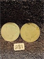 LOT OF 2 PEACE DOLLARS WORN 90% SILVER