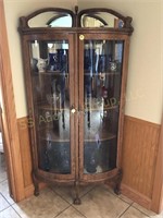 Vintage Oak Corner Display Cabinet, curved glass