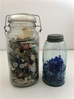 Glass jars w/buttons and marbles