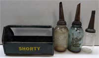 3 Oil Bottles & Shorty Metal Tool Box