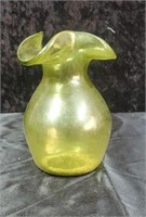 Antique Greenish yellow hand blown vase approx 5