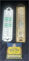 Behr-cat strap tape and 2 vintage thermometers