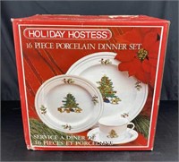 22k Gold Rim 16pc Holiday Porcelain Dinner Set NOS