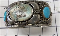 Silver & Turquoise Cuff Bracelet. Marked
