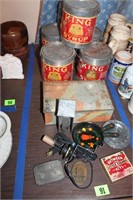 king syrup cans, metal box, metal dishes,