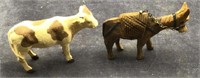 Two Miniatures, Hand-Carved Donkey and Felted Cow