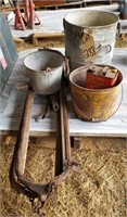 Vintage buckets-3 pc and cattle stanchions