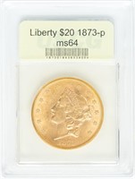Coin 1873-P $20 Gold Double Eagle USCG MS64