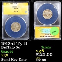 ANACS 1913-d Ty II Buffalo Nickel 5c Graded vg8 By