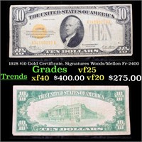 1928 $10 Gold Certificate, Signatures Woods/Mellon