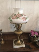 ANTIQUE BRASS LAMP WITH HAND PAINTED SHADE