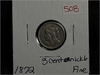 1872 THREE CENT NICKEL FINE