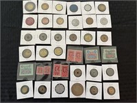 LARGE LOT OF FOREIGN COINS, STAMPS, RED GOOSE