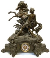 Lg. French Cast Metal Bronze Patina Figural Clock.