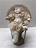 16” tall wicker chair with cat doll