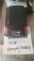 Milwaukee red lithium M18 battery charged and