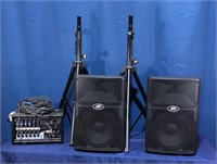 Pair of Peavey Amplifiers, Mixer, & Stand