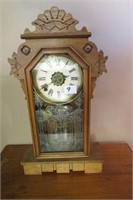 Beautiful Oak & Glass Mantle Clock Ansonia w/Key