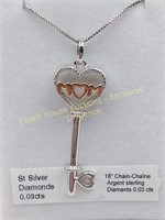 10K Gold and sterling key diamond pendant & chain