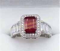 Sterling silver ruby & cubic zirconia ring, size 6