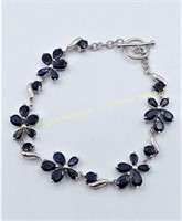 Sterling silver blue sapphire flower bracelet, 7"
